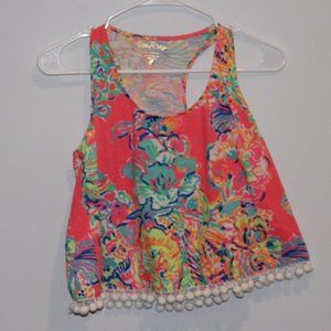 Lilly Pulitzer Pink Floral Racerback Crop Top with Pom Poms